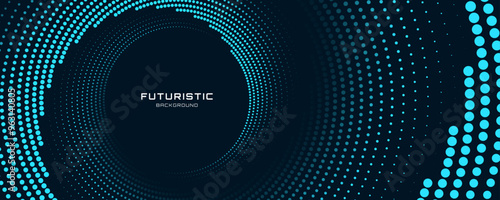 3D blue circles techno background. Big data visualization on dark space with dotted lines shape effect decoration. Modern graphic design element dots style concept for flyer, card, or brochure cover