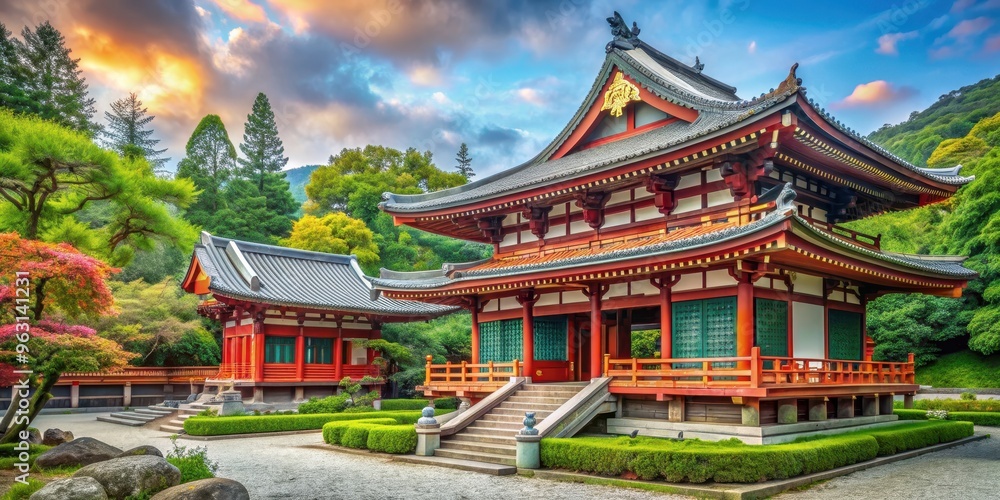 Traditional Shinto temple in Japan with colorful wooden architecture and lush garden, Shinto, temple, traditional Traditional Shinto temple in Japan with colorful wooden architecture and lush garden, Shinto, temple, traditional