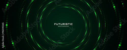 3D green circles techno background. Big data visualization on dark space with dotted lines shape effect decoration. Modern graphic design element dots style concept for flyer, card, or brochure cover