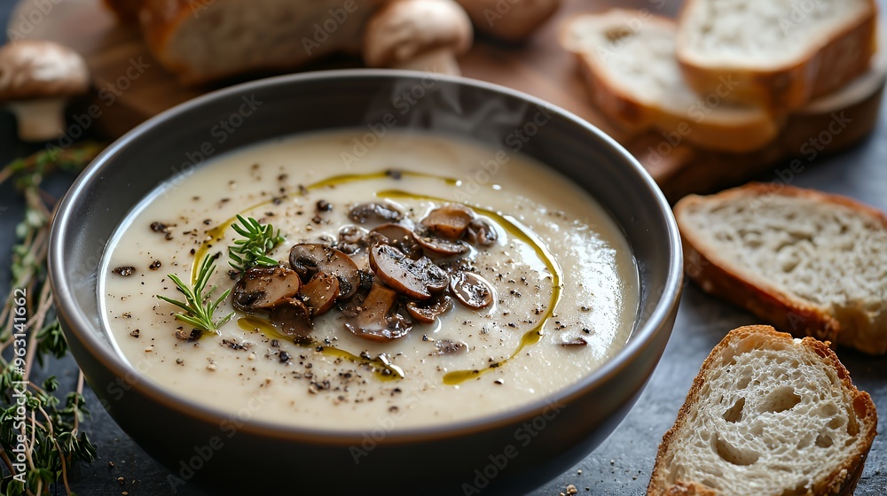 Creamy mushroom soup with fresh herbs and bread. Creamy mushroom soup with fresh herbs and bread.