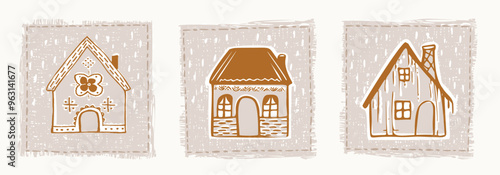 Whimsical snowy cottage door icon set with december festive Christmas motif. Winter holiday social media holiday getaway. Cute l hand drawn festive home design collection row of houses group. 