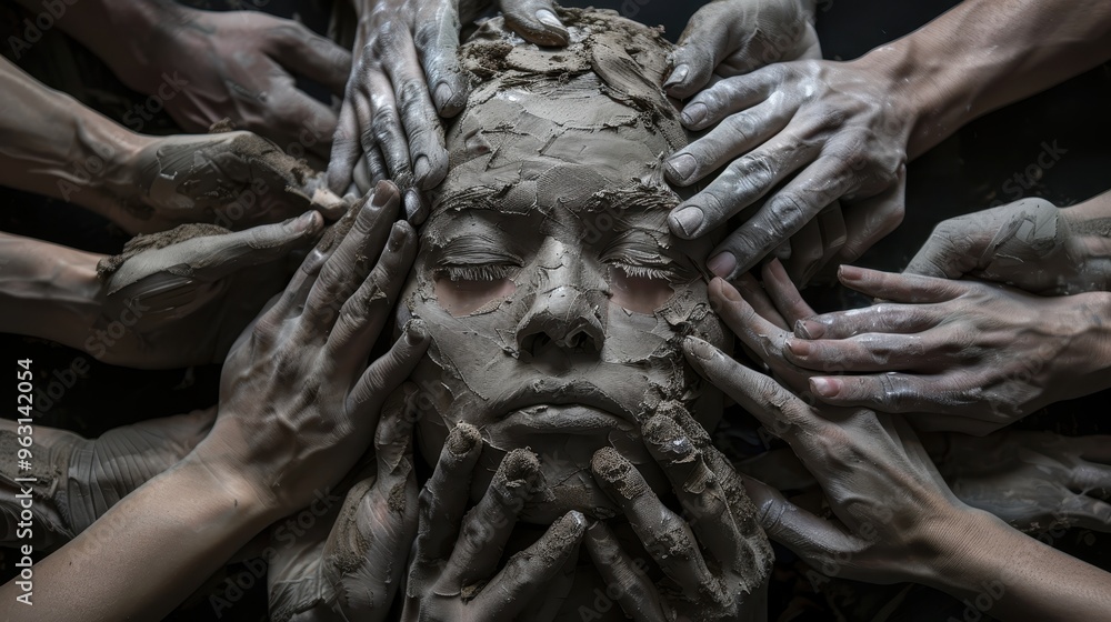 Representation of a human face partially covered with clay or mud, with multiple hands interacting with it Representation of a human face partially covered with clay or mud, with multiple hands interacting with it
