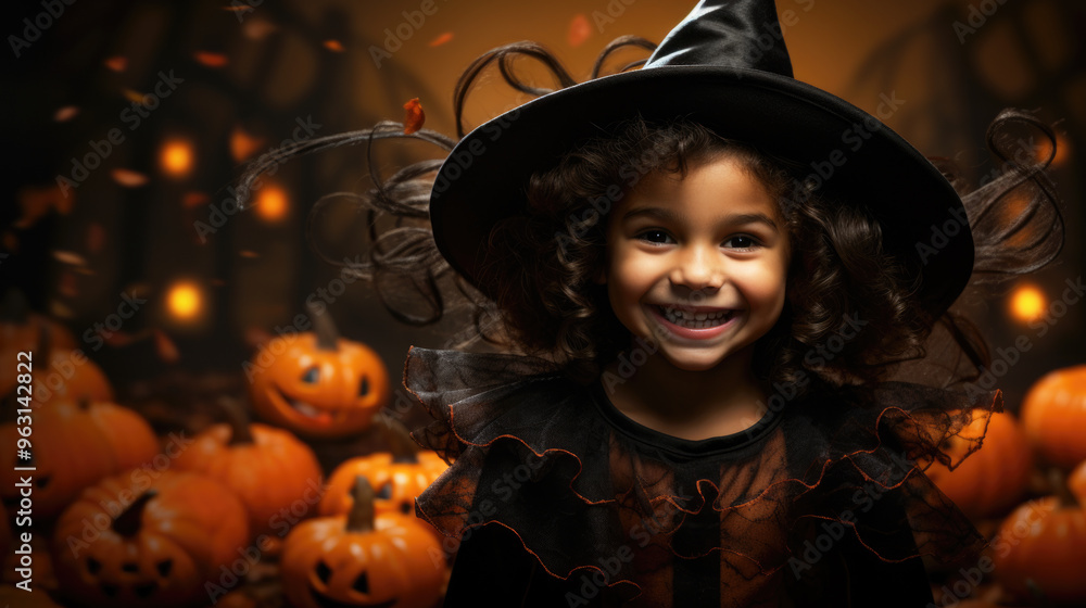 Happy cute child, little girl in Halloween costume having fun, portrait of adorable smiling kid against orange pumpkins. Concept of party, autumn Happy cute child, little girl in Halloween costume having fun, portrait of adorable smiling kid against orange pumpkins. Concept of party, autumn