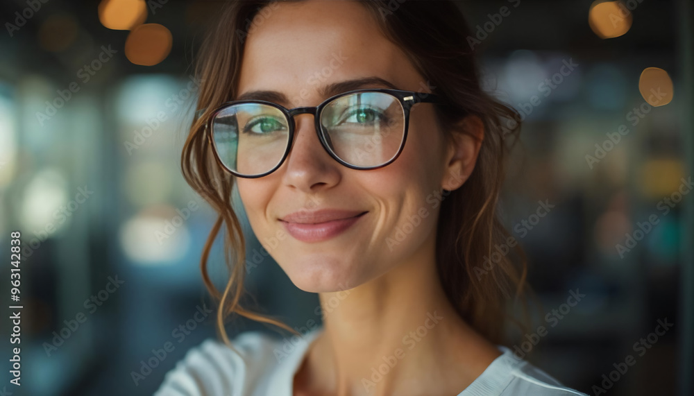 Smiling Woman with Glasses in Office Environment Smiling Woman with Glasses in Office Environment