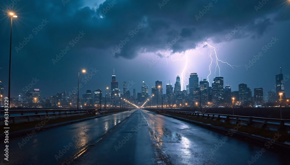 Dramatic Lightning Strike over City Skyline at Night Dramatic Lightning Strike over City Skyline at Night