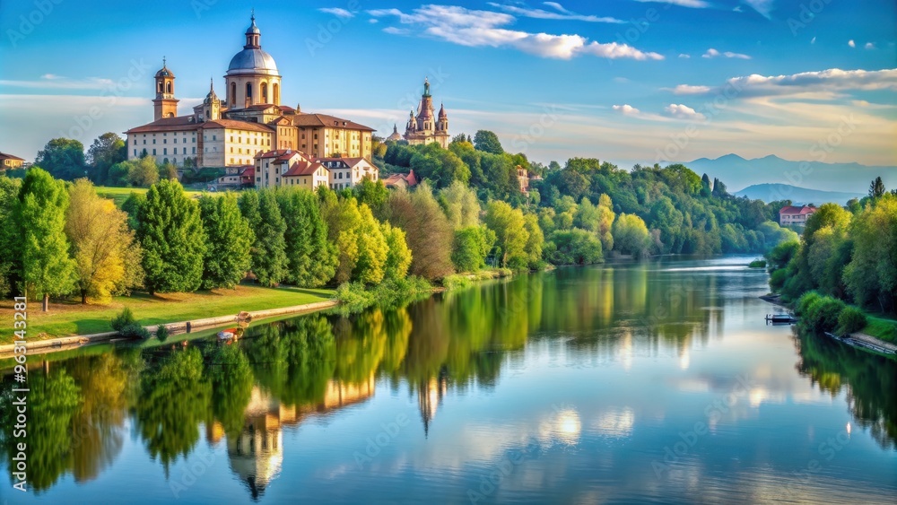 Naklejka premium Scenic panorama of river Po with Basilica of Superga in Turin, Italy, Turin, Italy, Basilica, Superga, Panorama