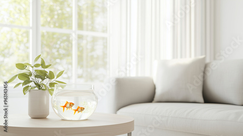 Elegant Interior Design: Pet Goldfish in a Glass Tank Placed on a Table in a Modern Apartment Living Room, Featuring Minimalistic Indoor Decor. photo