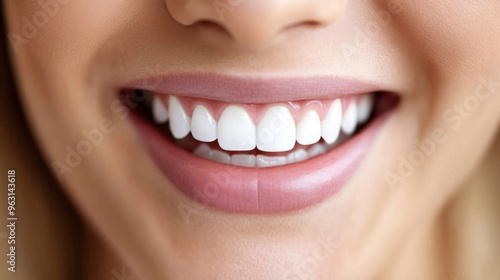 A close-up of a smiling person showing bright white teeth against a soft background during daylight