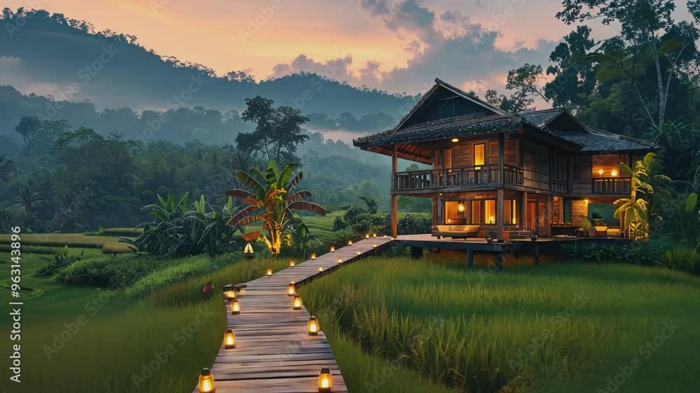 A tranquil wooden house surrounded by lush greenery and rice paddies at sunset, with a beautifully lit wooden path adorned with glowing lanterns leading to the cozy retreat. A tranquil wooden house surrounded by lush greenery and rice paddies at sunset, with a beautifully lit wooden path adorned with glowing lanterns leading to the cozy retreat.