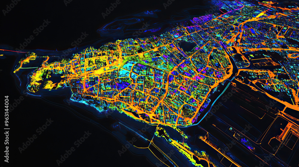 Obraz premium Technical aerial visual, 3D LiDAR GIS aerial map satellite scan model isolated, showing Monrovia, Liberia . Elevation, topography, render
