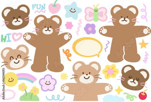 Teddy bear shape, butterfly, cherry, flowers, star, rainbow for cartoon character, comic, mascot, greeting card, animals, zoo, souvenir shop, happy emoji, cute patches, shirt print, standee, toy, doll