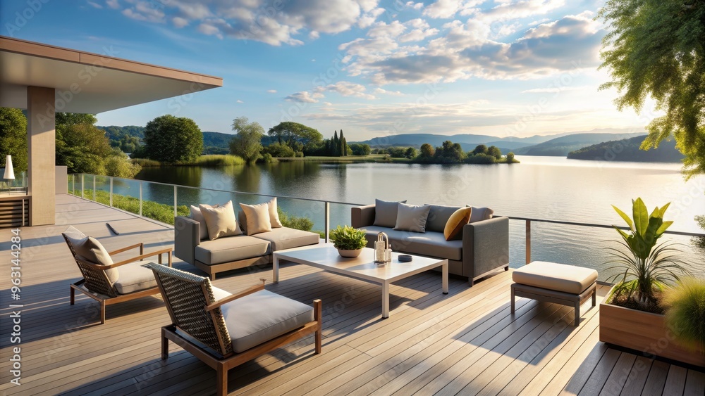 Modern lakeside terrace with stylish outdoor furniture and stunning water views, modern, lakeside, terrace Modern lakeside terrace with stylish outdoor furniture and stunning water views, modern, lakeside, terrace