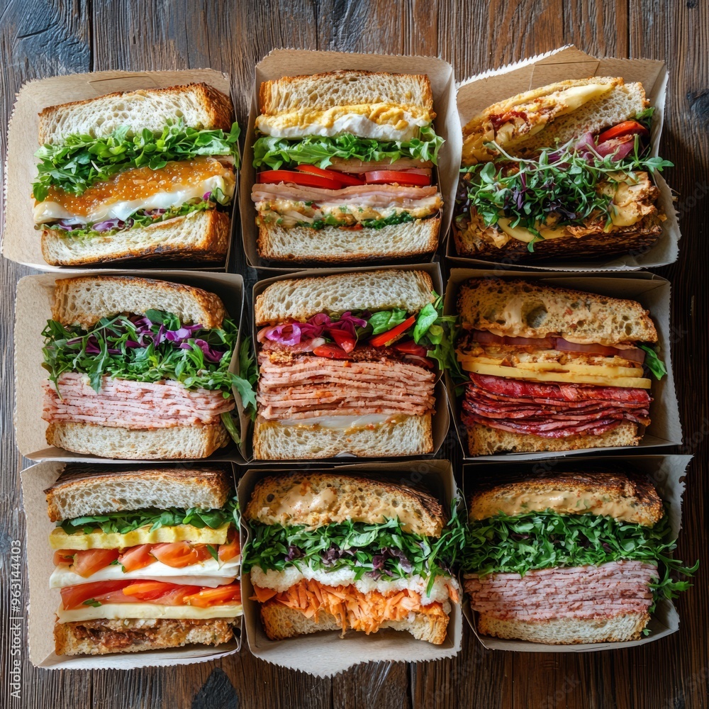 Sandwich Variety: A Top-Down View on a Rustic Picnic Table Sandwich Variety: A Top-Down View on a Rustic Picnic Table