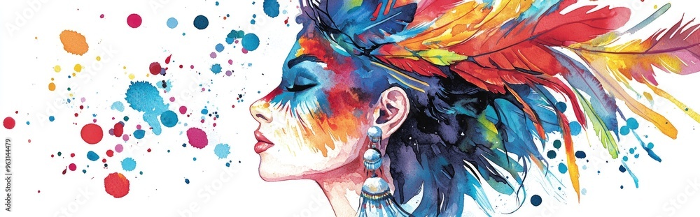 Fototapeta premium Vibrant Watercolor Portrait Celebrating Indigenous Culture with Colorful Feathers and Artistic Expression