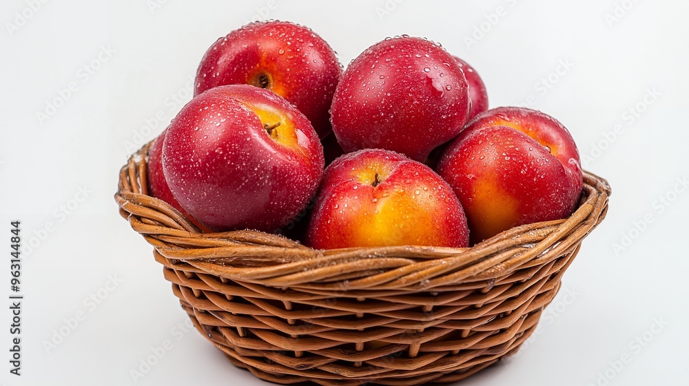 Fresh, ripe peaches with water droplets in a wicker basket, on white background. Fresh, ripe peaches with water droplets in a wicker basket, on white background.
