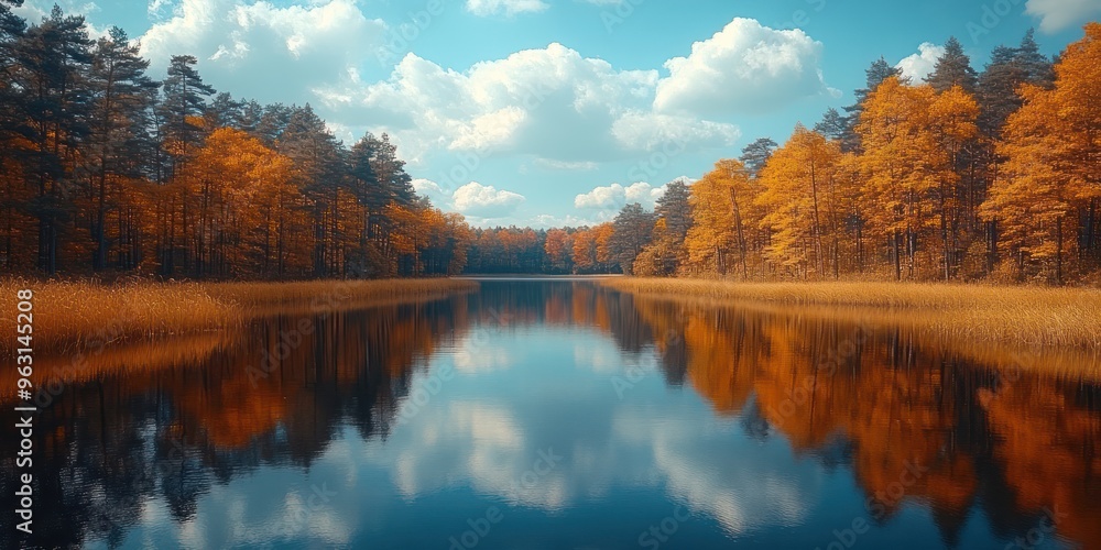 Naklejka premium Autumn Forest Reflecting in a Calm Lake