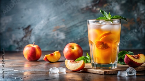 Healthy and refreshing peach nectar juice in a glass with ice cubes, Peach, nectar, juice, refreshment, healthy, drink