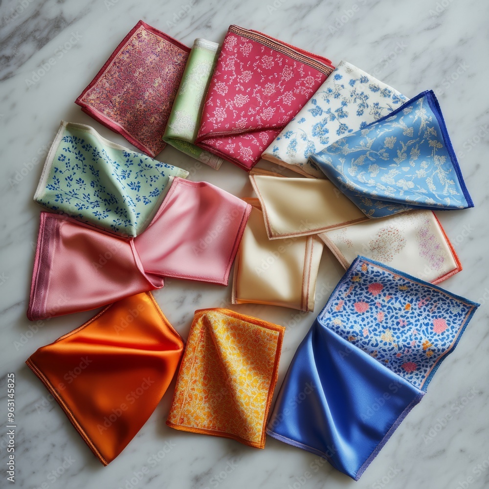 Elegant Silk Handkerchiefs on Marble: A Top-Down View Editorial Photography Elegant Silk Handkerchiefs on Marble: A Top-Down View Editorial Photography