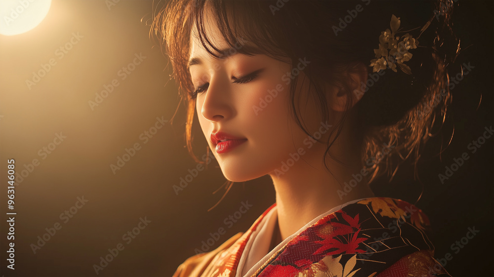 秋を表現した着物に身を包む女性 秋を表現した着物に身を包む女性