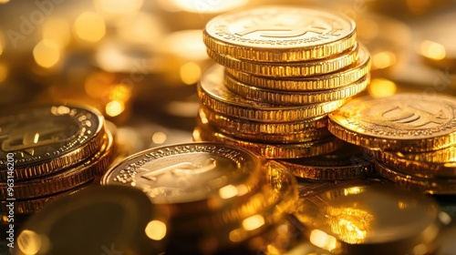 A close-up view of golden coins stacked together, shining in bright light, symbolizing wealth, investment, and prosperity. photo