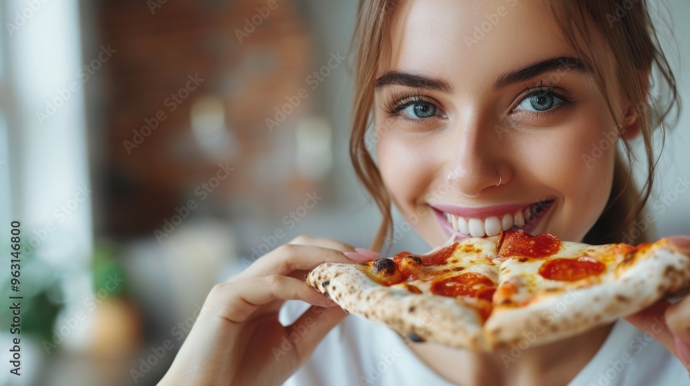 Young woman with blue eyes and white-toothed smile eating piece of pizza on blurred background kitchen, close-up portrait with copy space. Young woman with blue eyes and white-toothed smile eating piece of pizza on blurred background kitchen, close-up portrait with copy space.