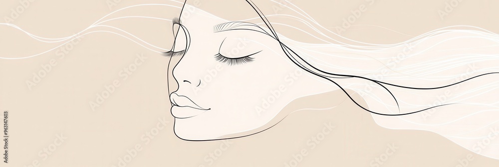 The artwork illustrates a woman's face in minimalist style, showcasing smooth lines and closed eyes, radiating calmness and grace. Generative AI The artwork illustrates a woman's face in minimalist style, showcasing smooth lines and closed eyes, radiating calmness and grace. Generative AI