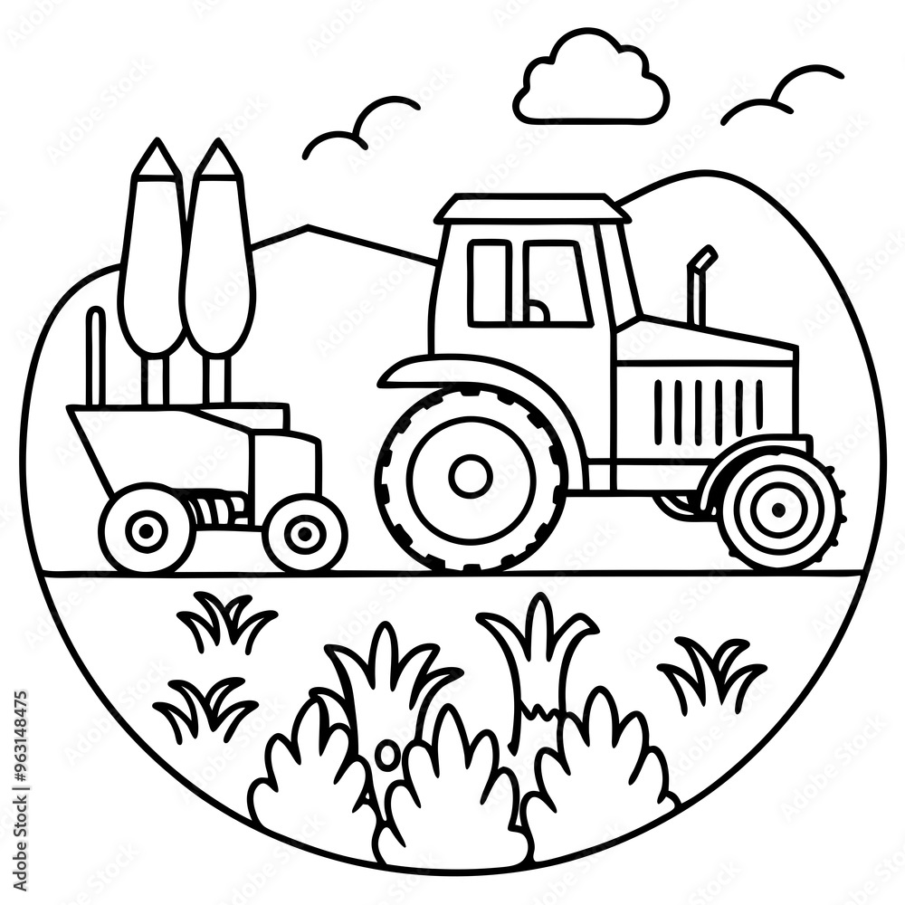 Naklejka premium Tractor harvesting corn with chickens and cows watching,