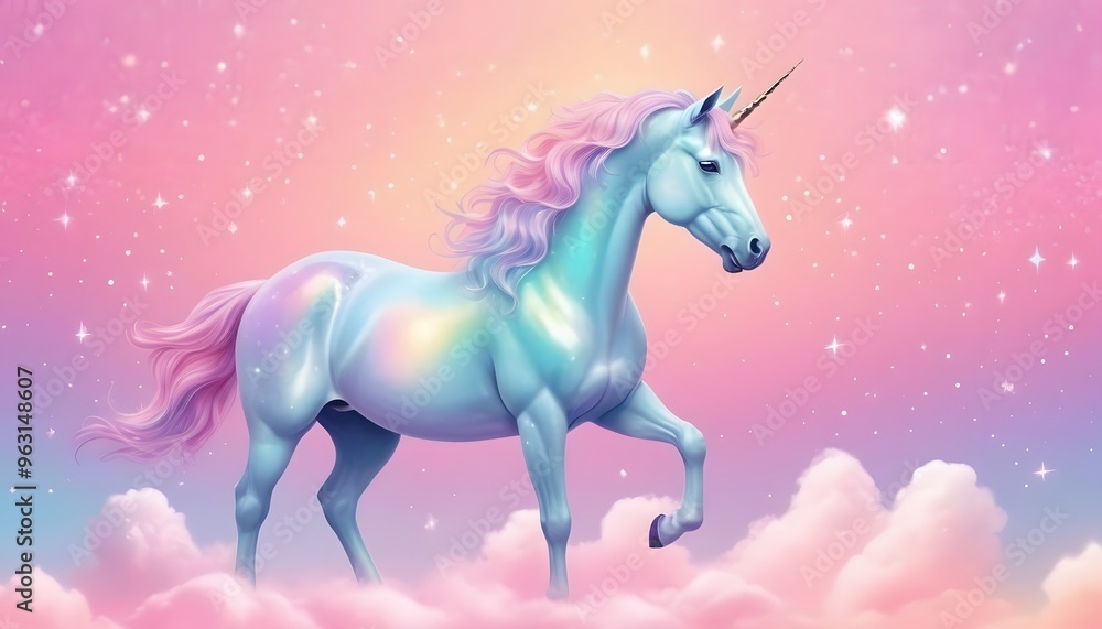 Fototapeta premium Rainbow unicorn pastel background with glitter stars. Pink cloudy fantasy sky. Cute holographic space. Fairy iridescent gradient backdrop Backgrounds