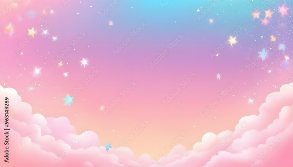 Fototapeta premium Rainbow unicorn pastel background with glitter stars. Pink cloudy fantasy sky. Cute holographic space. Fairy iridescent gradient backdrop Backgrounds
