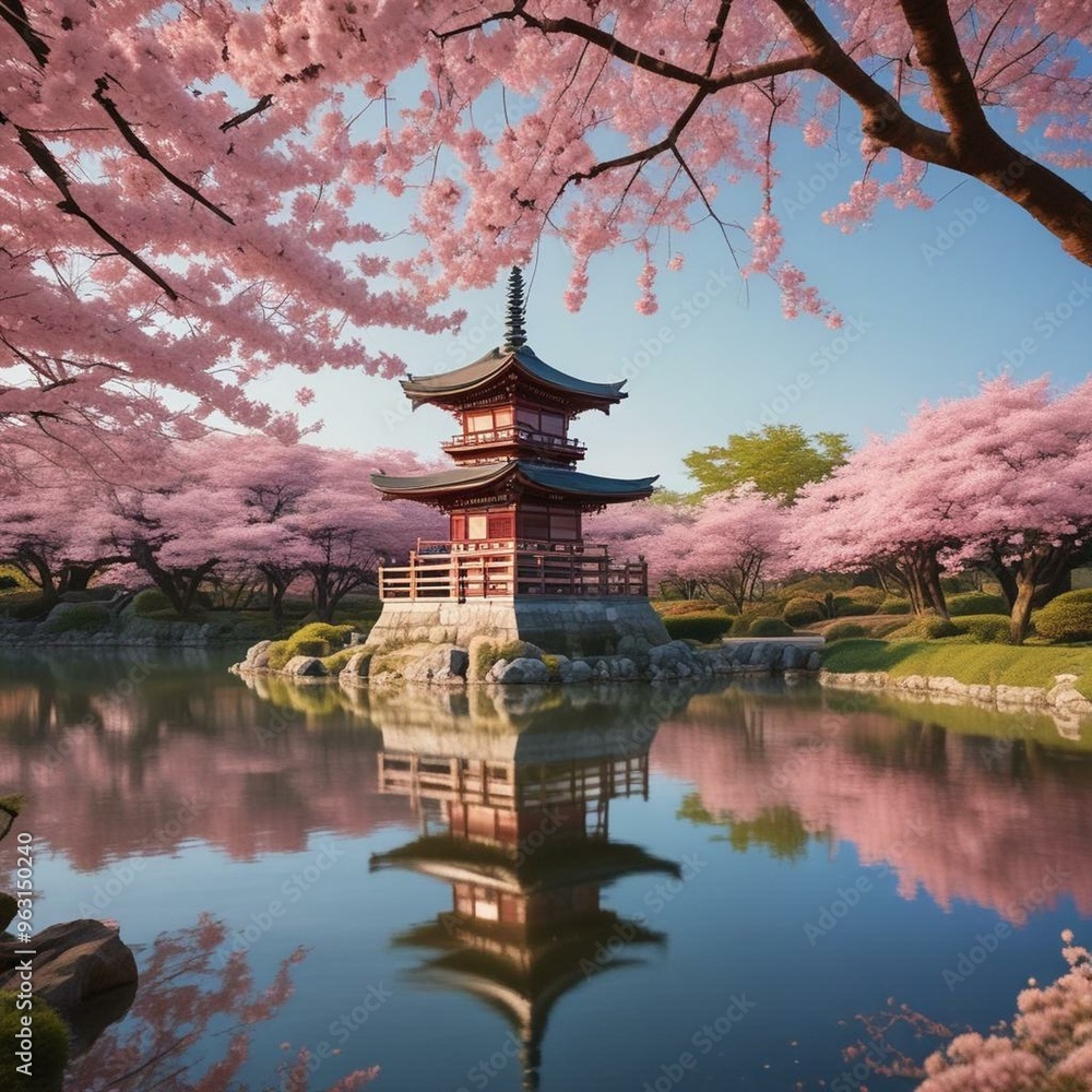 Japanese Pagoda in Cherry Blossom Reflection under Serene Ambient Lighting