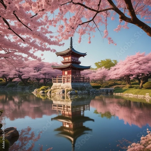 Obraz na płótnie Japanese Pagoda in Cherry Blossom Reflection under Serene Ambient Lighting w salonie