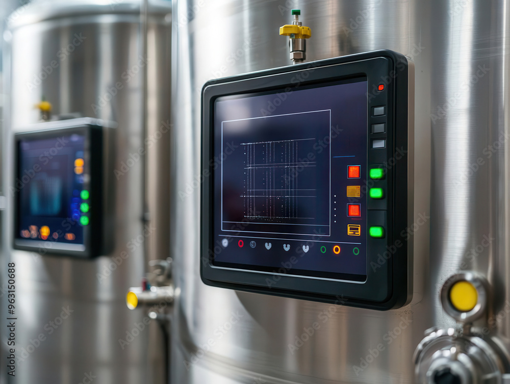 Fermentation tanks with digital monitors for various wine types, Fermentation tanks with digital monitors for various wine types,