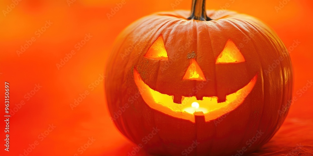 Spooky Halloween Pumpkin Close-Up Against Orange Backdrop Spooky Halloween Pumpkin Close-Up Against Orange Backdrop