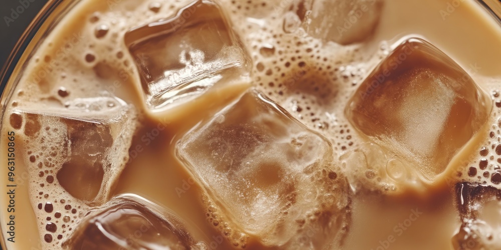 Milk Coffee with Ice Cubes Close-Up Milk Coffee with Ice Cubes Close-Up