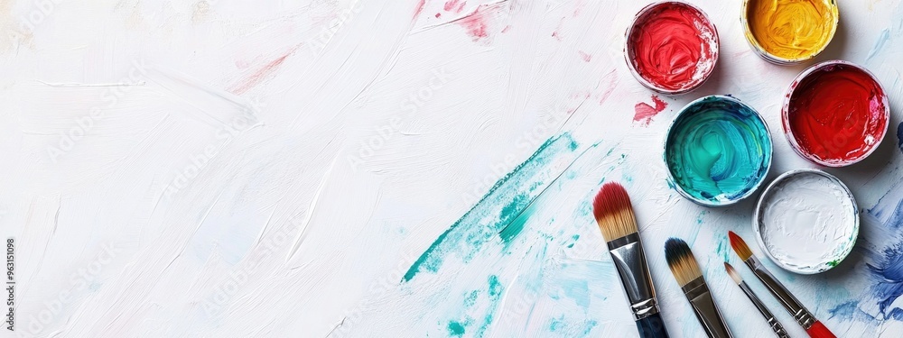 Vibrant Acrylic Paints and Brushes Awaiting Artistic Expression in a Creative Workspace Vibrant Acrylic Paints and Brushes Awaiting Artistic Expression in a Creative Workspace