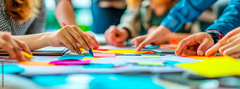 Obraz premium Team brainstorming session with colorful sticky notes on a table.