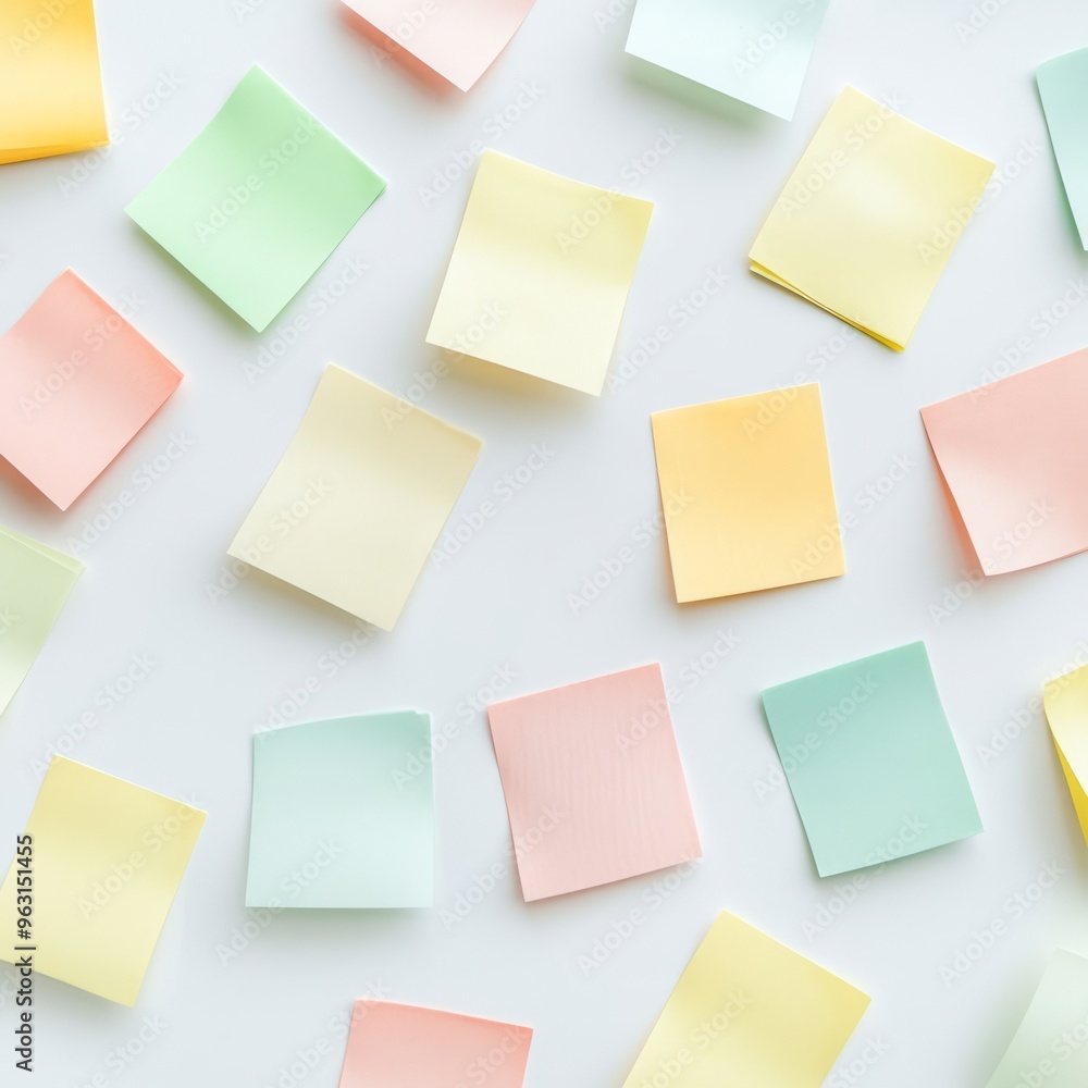 Colorful Sticky Notes Scattered on White Desk - Overhead View Colorful Sticky Notes Scattered on White Desk - Overhead View