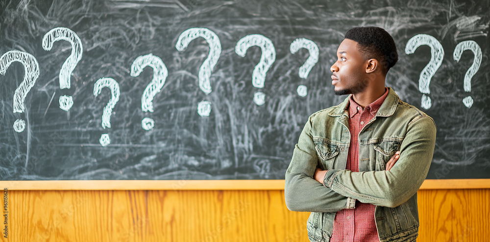 Man standing in front of blackboard with question marks. Man standing in front of blackboard with question marks.