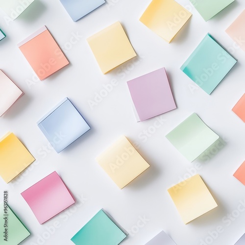 Multiple Sticky Notes on White Desk - Overhead View Stock Photo