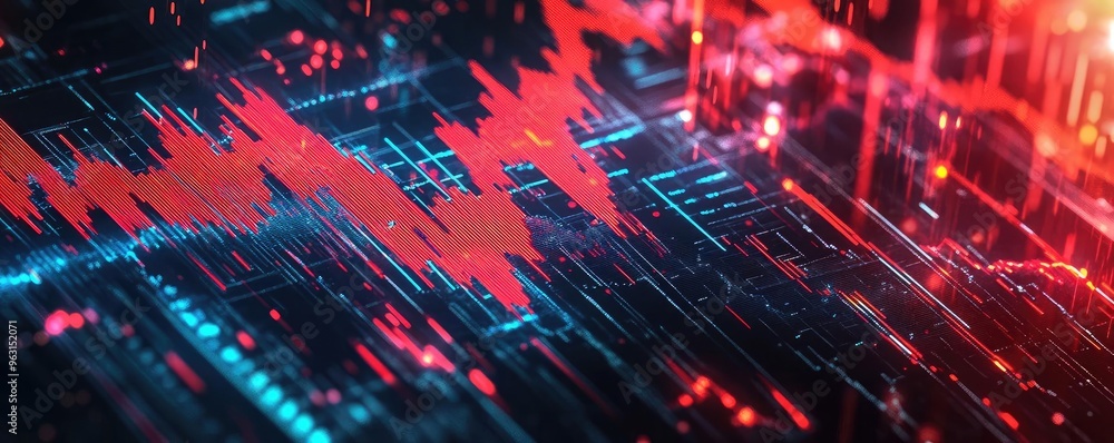 Dynamic abstract illustration of a digital data waveform with vibrant red and blue colors, representing technology and innovation. Dynamic abstract illustration of a digital data waveform with vibrant red and blue colors, representing technology and innovation.