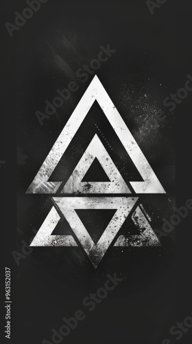 Free Download Grungy white geometric triangle logo with weathered texture on black background. Concept of modern design and urban minimalism - GFXLoad