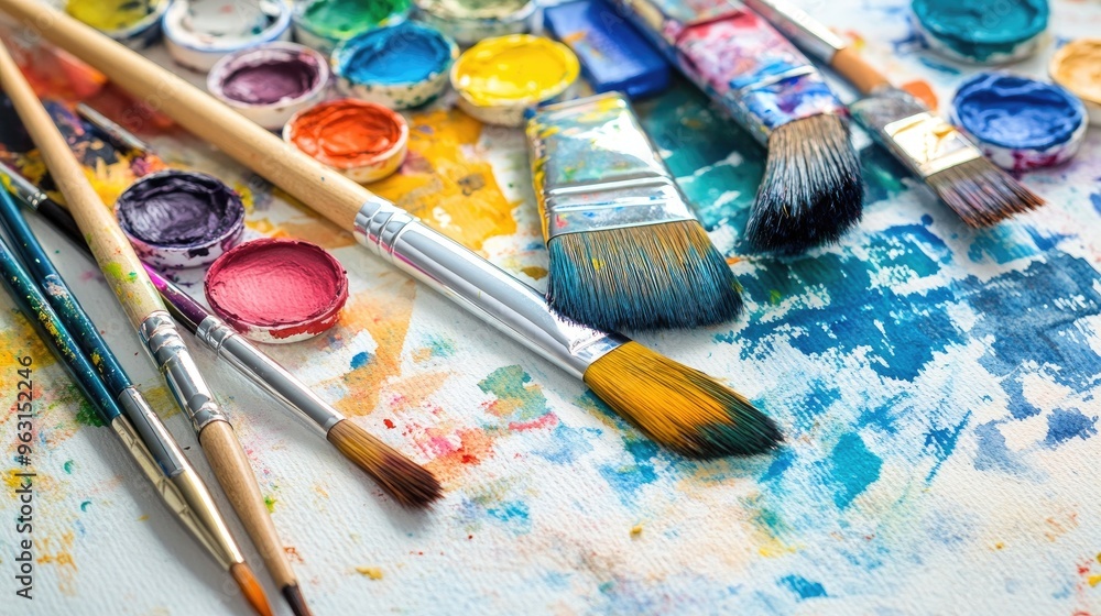 Obraz premium Exploring the World of Art: A Vibrant Array of Paint Supplies and Brushes
