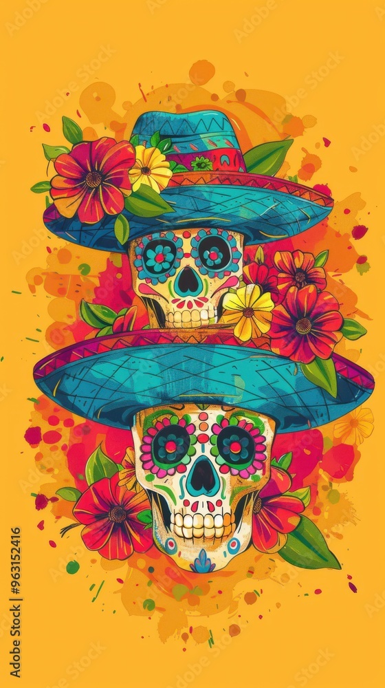 Day of the Dead background with sugar skull and sombrero. Vector illustration on yellow. Mexican concept Day of the Dead background with sugar skull and sombrero. Vector illustration on yellow. Mexican concept