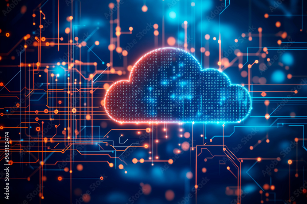 Abstract digital illustration of a cloud icon with binary code on a tech background. Abstract digital illustration of a cloud icon with binary code on a tech background.
