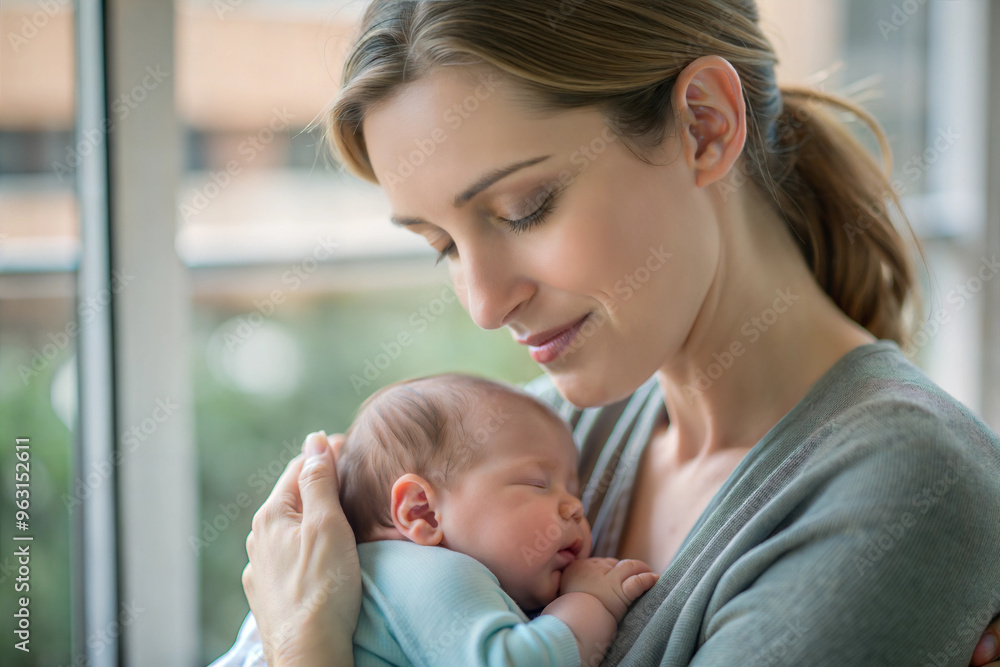 Calm and Happy Mother Gently Holding Sleeping Baby by Window Calm and Happy Mother Gently Holding Sleeping Baby by Window