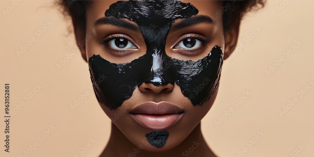 Beautiful Black Woman Using Skincare Product, Beige Studio Setting Beautiful Black Woman Using Skincare Product, Beige Studio Setting