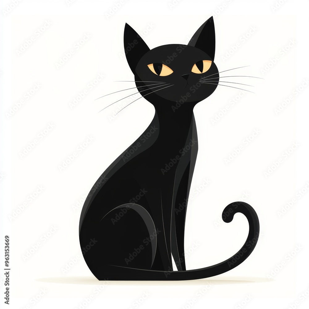 Fototapeta premium Sleek Black Cat in Flat Design on White Background - Minimalistic Cat Illustration