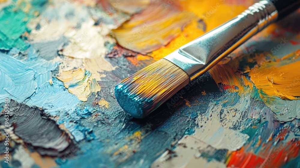 Fototapeta premium Explore the Vibrant World of Colorful Brush Techniques and Art Supplies on a Detailed Painting Palette