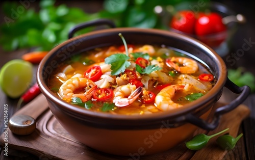 Close up of a bowl of spicy shrimp soup with cilantro, lime and chilies.