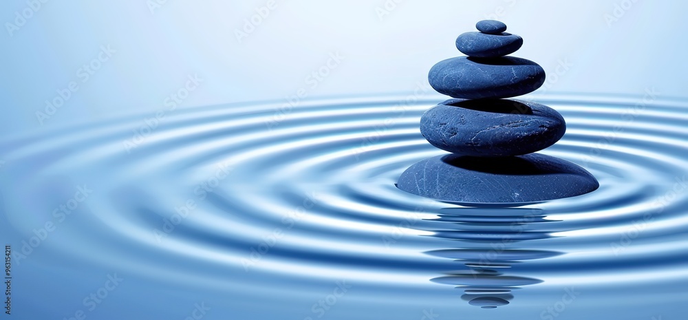 Stack of five smooth gray stones balanced on top of each other, in still blue water with ripples. Zen, balance, mindfulness, meditation. Stack of five smooth gray stones balanced on top of each other, in still blue water with ripples. Zen, balance, mindfulness, meditation.